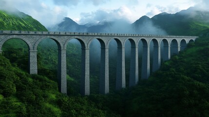 Fototapeta premium Majestic Stone Viaduct Over Lush Green Valley Surrounded by Misty Mountains