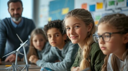 Obraz premium Girl smiles, STEM class, teacher, wind turbine models