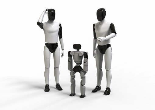 3D render image representing two humanoid robots teaching mini robots