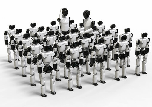 3D render image representing two humanoid robots teaching mini robots