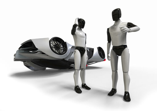 3D render image representing Ai driving cars and causing a collision between them. Insurance problem with autopilot