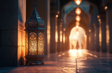 Eid Mubarak and Ramadan Kareem salutations with an Islamic lantern and mosque in the Eid al-Fitr style background