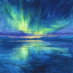 Naklejka premium Stunning Northern Lights Over Calm Waters: A Colorful Aurora Borealis Illuminates the Night Sky with Reflections on the Serene Landscape at Dusk