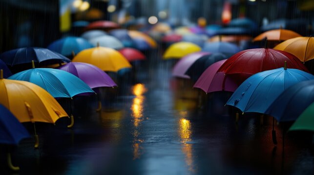 A bustling urban street in the rain with vibrant umbrellas reflecting on the wet pavement, creating a colorful and dynamic scene