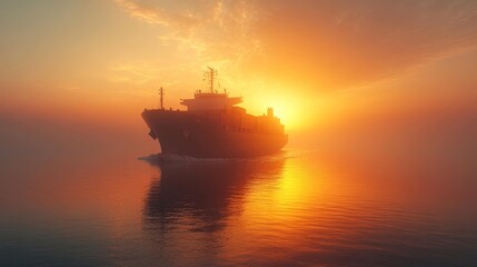 Cargo Ship Sailing in Warm Sunset. Generative AI