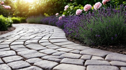 A curved cobblestone path in a serene garden bordered by vibrant lavender and blooming pink roses, with sunlight softly illuminating the scene