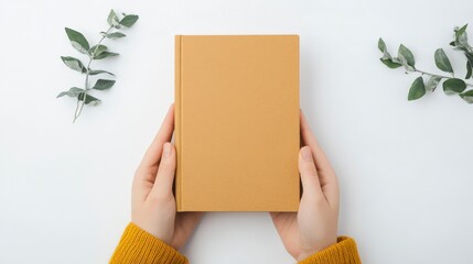Hands Holding a Blank Book Surrounded by Green Leaves on a White Table