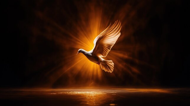 A glowing white dove descending with radiant golden light beams, illuminating the dark background and creating a powerful spiritual atmosphere