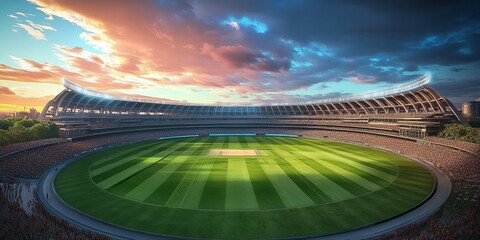 Cricket Stadium with a Sunset sky in the background, Cricket stadium Day view