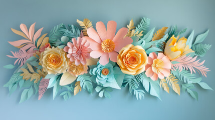 3d render, digital illustration, abstract colorful paper flowers, quilling craft, handmade festive decoration, vivid floral background, mint pink yellow