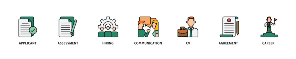 Job interview icon set flow process which consists of applicant, assessment, hiring, communication, cv, agreement and career icon live stroke and easy to edit .