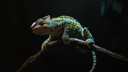 Naklejka premium Beautiful of chameleon panther, chameleon panther on branch, chameleon panther closeup, Chameleon panther on branch with black backround,