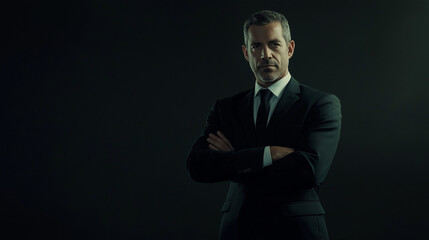 A confident man in a black suit and tie standing against a dark background, arms crossed, professional and charismatic expression, elegant and stylish. Space for text. Generative AI.