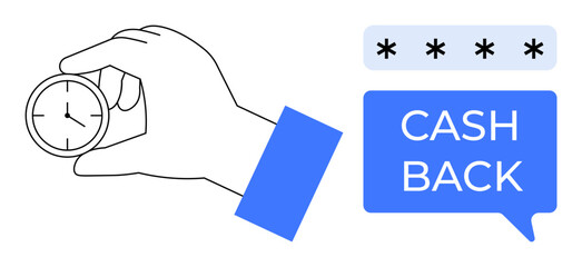Hand holding a small clock next to the text CASH BACK in a speech bubble with stars above. Ideal for time management, rewards programs, efficiency, financial planning, savings, customer loyalty