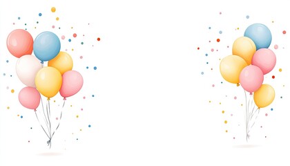 Colorful balloons in a festive arrangement with confetti on a white background, ideal for celebrations