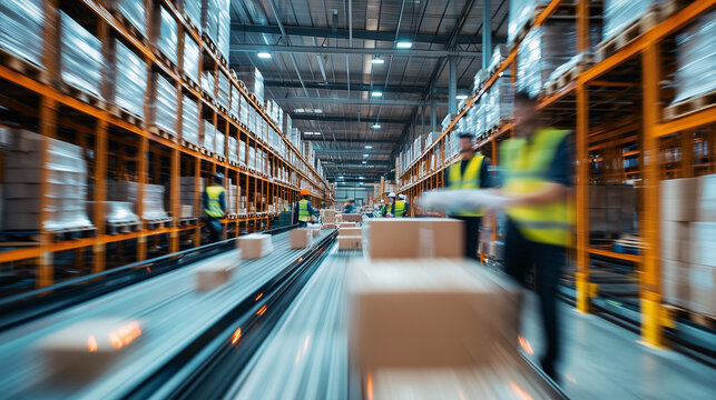 A massive e-commerce fulfillment center with neatly stacked parcels labeled with barcodes. The background shows computer screens, automated conveyor belts, and an advanced inventory system.