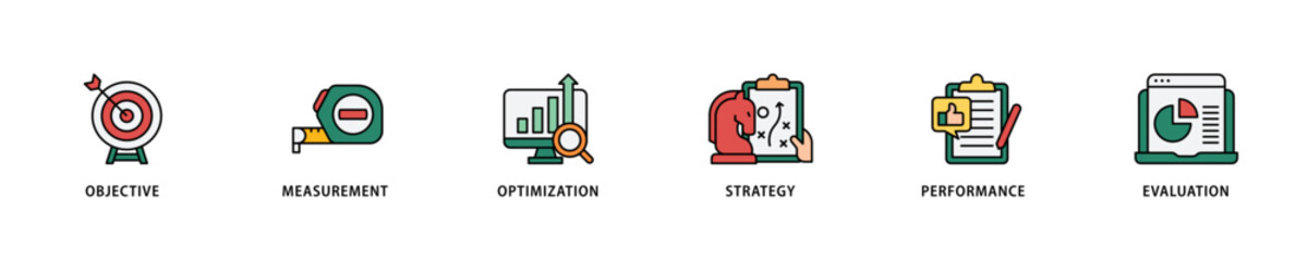 KPI icon set flow process which consists of objective, measurement, optimization, strategy, performance, and evaluation icon live stroke and easy to edit .