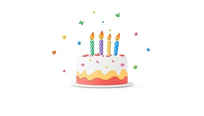 Colorful birthday cake with four lit candles surrounded by festive confetti in a cheerful setting