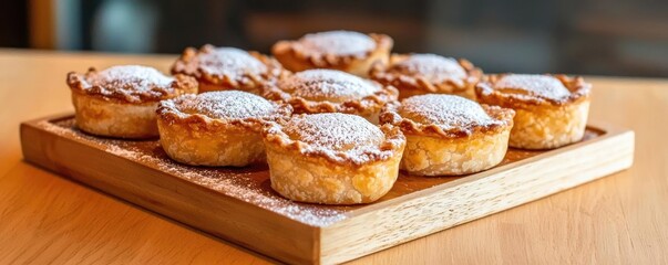 Close-up of freshly baked pastries dusted with powdered sugar, arranged on a wooden serving board, ideal for dessert and bakery themes.