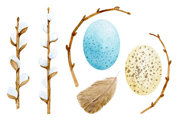 A set of Easter watercolor clipart with Easter eggs, basket, twigs and bows, isolated on a white background