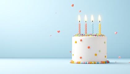 A colorful birthday cake with four lit candles and scattered hearts on a light blue background