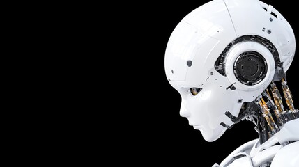 AI robot head profile, black background, tech future