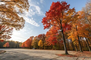 Tall trees with vibrant red and orange leaves against a sunny sky, fall colors, maple trees