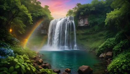 Fototapeta premium Majestic Waterfall Rainbow Sunset Landscape Photography