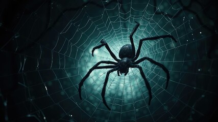 Tangled web with giant poisonous spider lurking in the depths, venomous , darkness