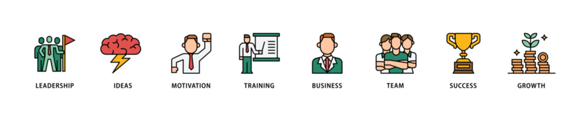 Learn and lead icon set flow process which consists of leadership, ideas, motivation, training, business, team, success, and growth icon live stroke and easy to edit .