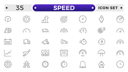 Speed icon set. Containing fast, slow, movement, productivity, indicator, turbo, speeding, gauge, express and speedometer icons. Outline icon collection.