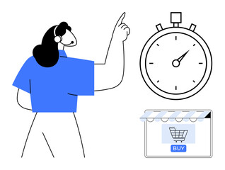 Woman wearing blue top, pointing at a stopwatch next to an online shopping cart with a buy button. Ideal for e-commerce, timely purchases, decision making, urgency, marketing, online sales, business