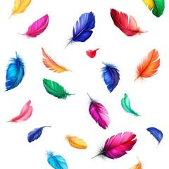 A digital illustration showcasing numerous vibrantly colored feathers falling against a stark black backdrop.