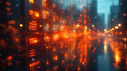 Obraz premium Cyberpunk Cityscape: Digital Rain and Urban Glow