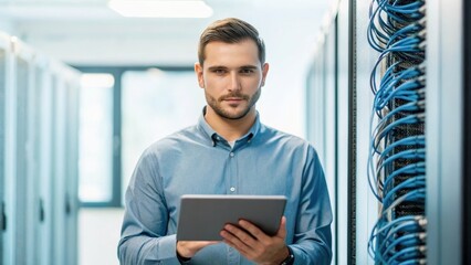 Professional IT Technician Managing Server Room with Tablet and Server Racks in Background