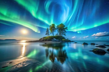 Serene Island Oasis Under a Vibrant Celestial Display of Northern Lights and a Calm Moonlit Sea