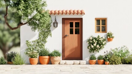 Charming Exterior of a Cottage with Flower Pots and Wooden Door Under Sunlight