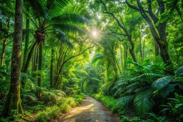 Fototapeta premium Sunlit Path Through Lush Tropical Foliage, Winding Through a Verdant Canopy of Palm Trees and Other Exotic Plants