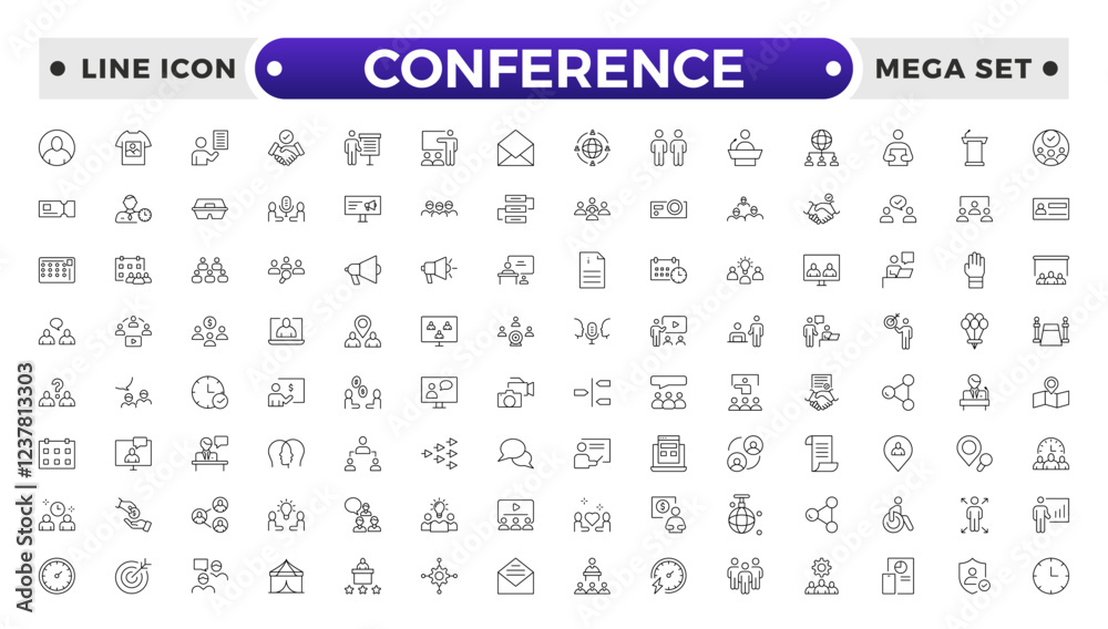 Wall mural Conference set of web icons in line style. Live webinar icons for web and mobile app. Containing conference, business meeting, classroom, team, interview, meeting, work, discussion and more.