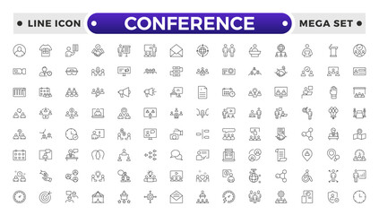 Conference set of web icons in line style. Live webinar icons for web and mobile app. Containing conference, business meeting, classroom, team, interview, meeting, work, discussion and more.