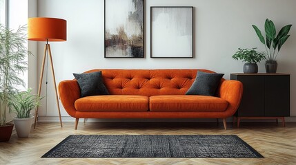 Orange Sofa with Artwork and Greenery. Generative AI