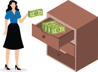 Wealth management, money saved, consumer negativity, retirement funding programs, businesswomen taking bills and saving them inside a drawer