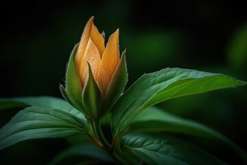 A budding flower ready to bloom with delicate orange petals emerging, surrounded by vibrant green leaves against a dark background