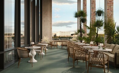 Restaurant interior design with excellent ambiance, warm green marble flooring and walls, designed ceiling, outdoor dining table and chairs around. 3D Illustrations. Mockup. 3D Rendering