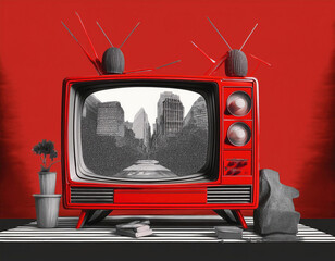 Sketch composite 3D photo collage trend Red Tv artwork 