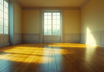 Fototapeta premium Bright Sunlight in Empty Room with Hardwood Floor