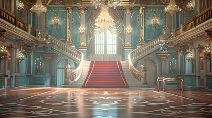 Obraz premium ballroom with a grand staircase and red carpet.