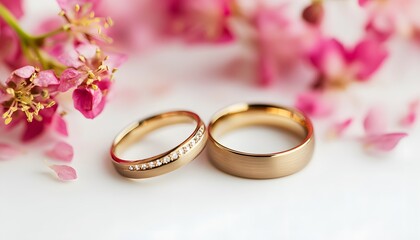 Gold Wedding Rings Resting Among Pink Blossoms