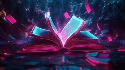 A glowing, open book surrounded by vibrant, floating pages in a mystical environment.