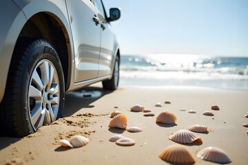 Car parked on sandy beach with seashells in sunlight